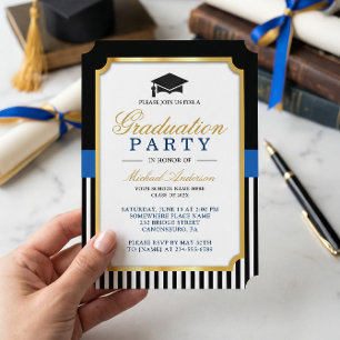 Moderne Gold Black Blue Stripes Graduierungsparty Einladung
