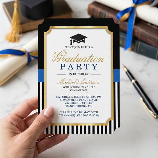 Moderne Gold Black Blue Stripes Graduierungsparty Einladung