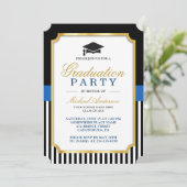 Moderne Gold Black Blue Stripes Graduierungsparty Einladung (Stehend Vorderseite)