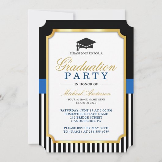Moderne Gold Black Blue Stripes Graduierungsparty Einladung (Vorderseite)