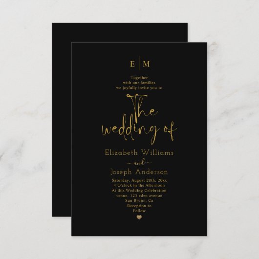 Moderne Gold & Black Calligraphy Monogram Hochzeit Einladung (Vorne/Hinten)