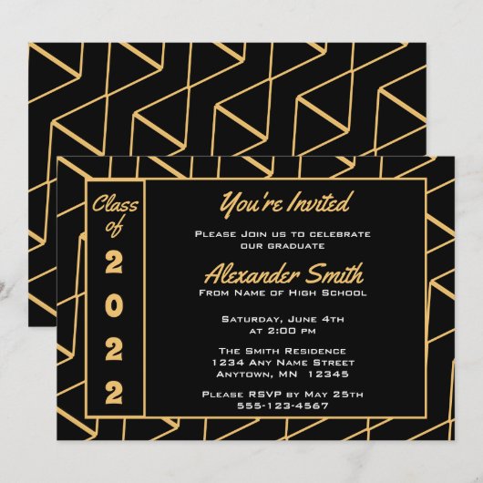 Moderne Gold Black Hintergrund Graduation Party Einladung (Vorne/Hinten)