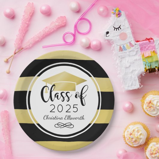 Moderne Gold Black Stripes Custom Graduation Party Pappteller (Party)