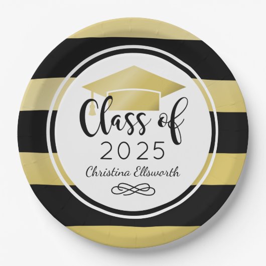 Moderne Gold Black Stripes Custom Graduation Party Pappteller (Vorderseite)