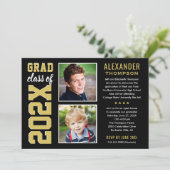 Moderne Gold Black Two Foto Graduation Party Einladung (Stehend Vorderseite)
