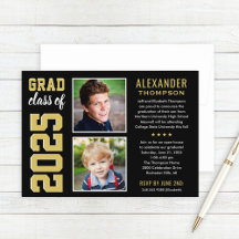 Moderne Gold Black Two Foto Graduation Party
