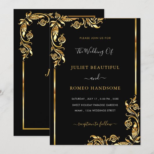 Moderne Gold Blätter Gerahmte Schwarze Hochzeit Ei (Vorne/Hinten)