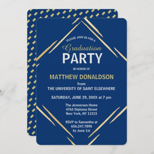 Moderne Gold Blue 2025 Geometric Graduation Party Einladung (Vorne/Hinten)