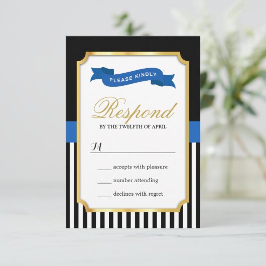 Moderne Gold Blue Schwarz-weiß Strips RSVP Card (Stehend Vorderseite)