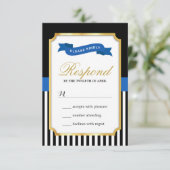 Moderne Gold Blue Schwarz-weiß Strips RSVP Card Karte (Stehend Vorderseite)