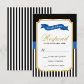 Moderne Gold Blue Schwarz-weiß Strips RSVP Card Karte (Vorne/Hinten)