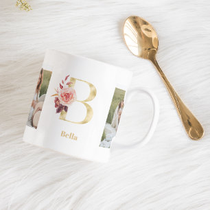 Moderne Gold-Blumen-Initiale B Zweifoto-Monogram Kaffeetasse