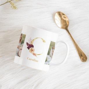 Moderne Gold-Blumen-Initiale C Zweifoto-Monogram Kaffeetasse