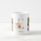 Moderne Gold-Blumen-Initiale E | Zweifoto-Monogram Kaffeetasse (Mittel)