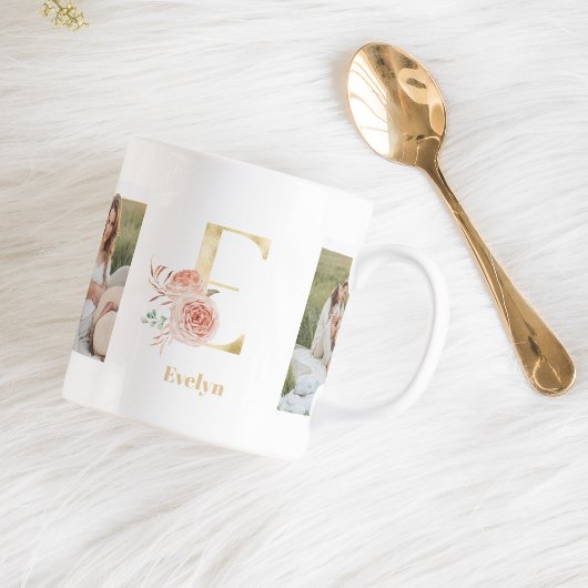 Moderne Gold-Blumen-Initiale E | Zweifoto-Monogram Kaffeetasse