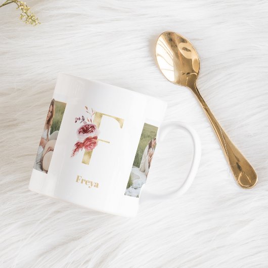 Moderne Gold-Blumen-Initiale F | Zweifoto-Monogram Kaffeetasse