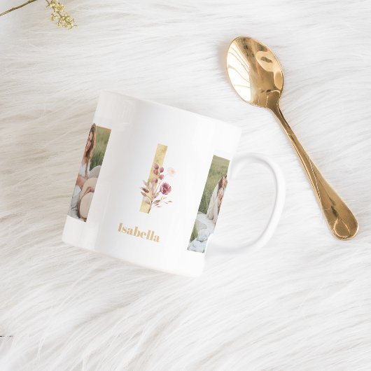Moderne Gold-Blumen-Initiale I | Zweifoto-Monogram Kaffeetasse