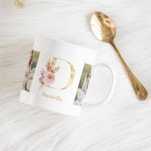 Moderne Gold-Blumen-Letter D Zweifoto-Monogramm Kaffeetasse