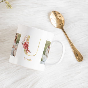 Moderne Gold-Blumen-Letter U Zwei-Foto-Monogramm Kaffeetasse