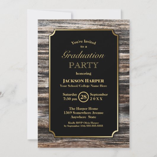 Moderne Gold Border Wood Graduation Party Einladung (Vorderseite)