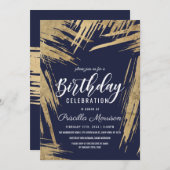 Moderne Gold Brushstrokes Navy Blue Chic Geburtsta Einladung (Vorne/Hinten)