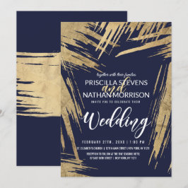 Moderne Gold Brushstrokes Navy Blue Chic Hochzeit Einladung