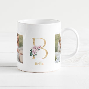 Moderne Gold-Buchstabe B-Blume Zweifoto-Monogram Kaffeetasse