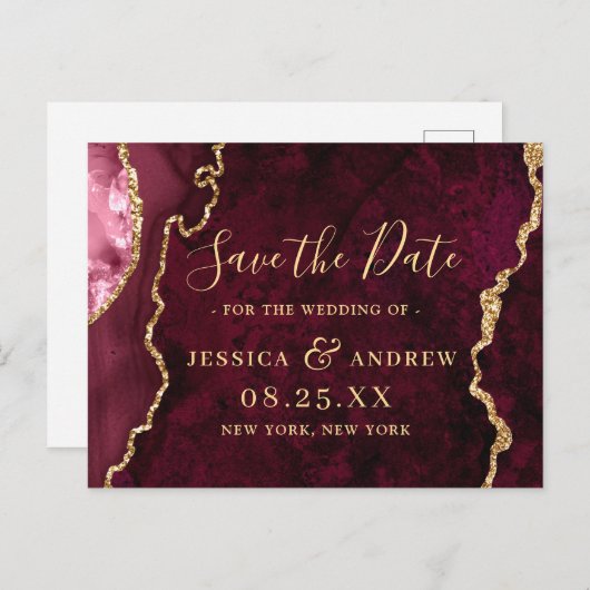 Moderne Gold Burgundy Agate Wedding speichern das Postkarte (Vorne/Hinten)