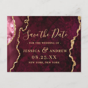 Moderne Gold Burgundy Agate Wedding speichern das Postkarte