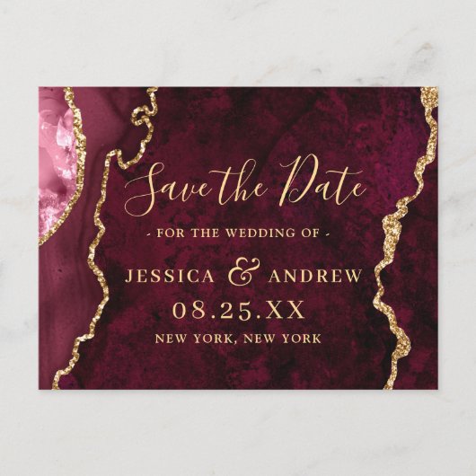 Moderne Gold Burgundy Agate Wedding speichern das Postkarte (Vorderseite)