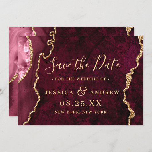 Moderne Gold Burgundy Agate Wedding speichern das Save The Date (Vorne/Hinten)