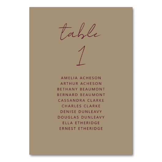 Moderne Gold Burgundy Script Wedding Tischnummer (Rückseite)