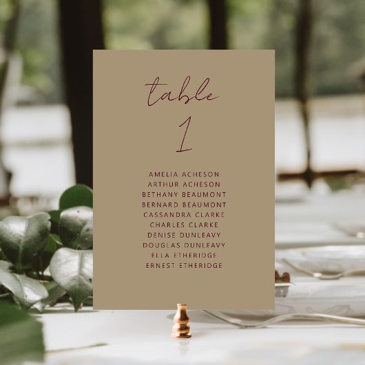 Moderne Gold Burgundy Script Wedding Tischnummer