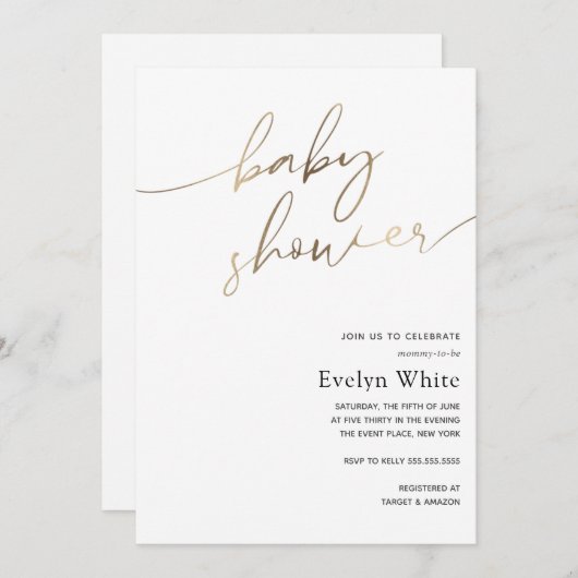 Moderne Gold Calligraphy Baby Dusche Einladung (Vorne/Hinten)