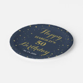 Moderne Gold Confetti Navy 50. Überraschung Geburt Pappteller (Schrägansicht)