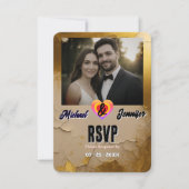 Moderne Gold Cracked Foto Wedding RSVP Card Karte (Vorderseite)
