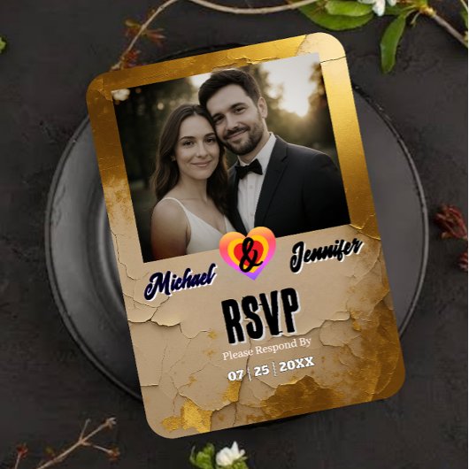Moderne Gold Cracked Foto Wedding RSVP Card Karte
