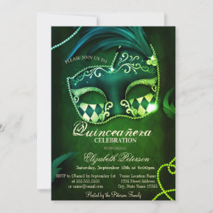 Moderne Gold-Diamanten-Masquerade Grün Quinceañera Einladung