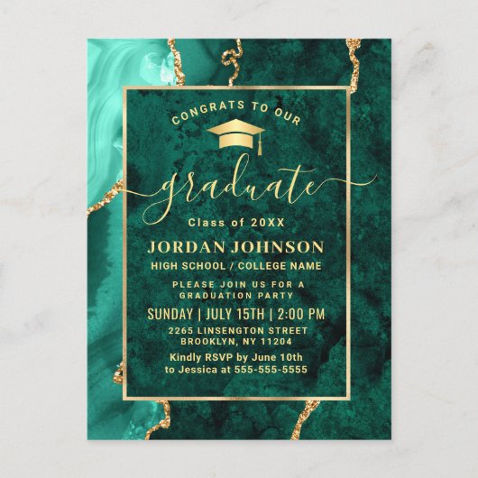 Moderne Gold Emerald Graduation Party Einladung Postkarte (Vorderseite)