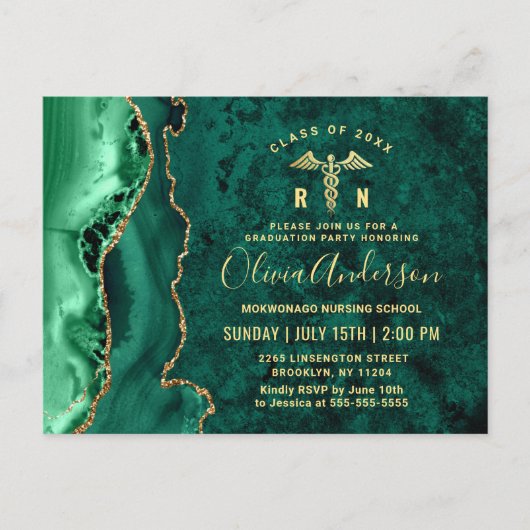 Moderne Gold Emerald RN Graduation Party Einladung Postkarte (Vorderseite)