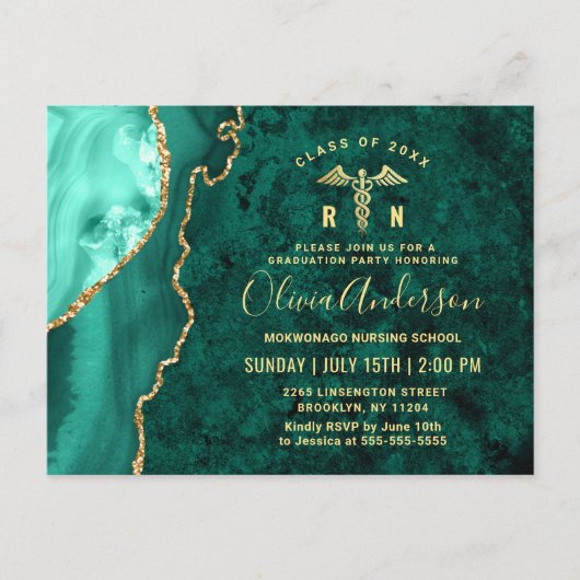 Moderne Gold Emerald RN Graduation Party Einladung Postkarte (Vorderseite)