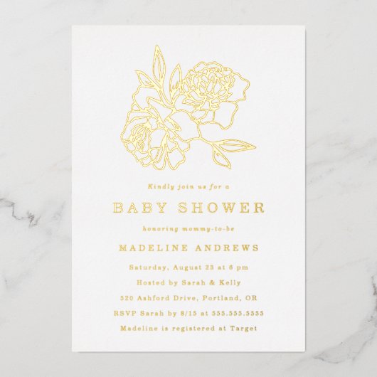 Moderne Gold Floral Baby Dusche Folieneinladung (Vorderseite)