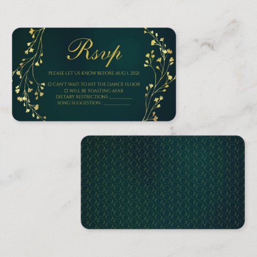 Moderne Gold Floral Green Wedding Rsvp Card Begleitkarte (Vorne/Hinten)
