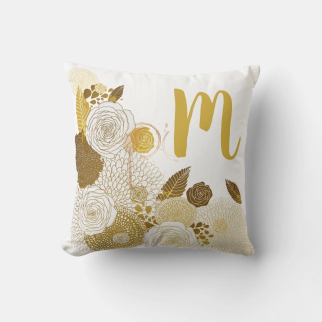 Moderne Gold Floral und Monogram Kissen (Vorderseite)