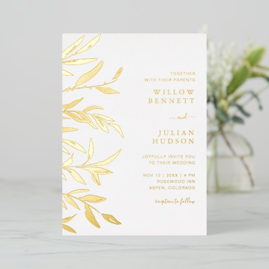 Moderne Gold Foil Blätter Hochzeit Folieneinladung (Stehend vorne)