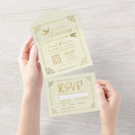 Moderne Gold Foil Script Blumenrahmen Hochzeit RSV All In One Einladung