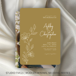 Moderne Gold Foliage Kontur Foto Hochzeit Einladung