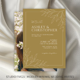 Moderne Gold Foliage Kontur Foto Hochzeit Einladung