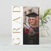 Moderne Gold Foto PhD Graduation Party Einladung (Stehend Vorderseite)