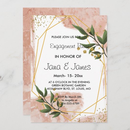 Moderne Gold Frame Elfenbeingrün-florale Verlobung Einladung (Vorne/Hinten)